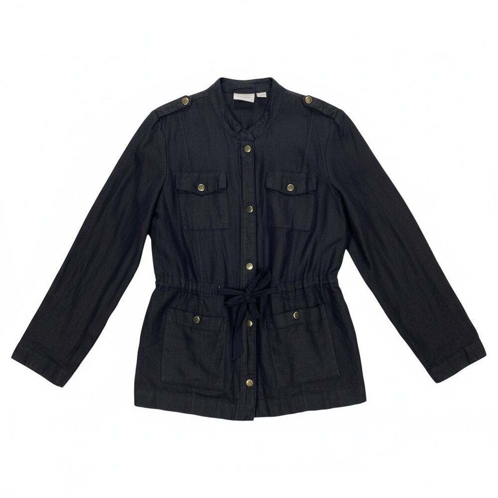 CHICO'S Women's 100% LINEN UTILITY JACKET Black GOLD BUTTONS Size 1 (MEDIUM)